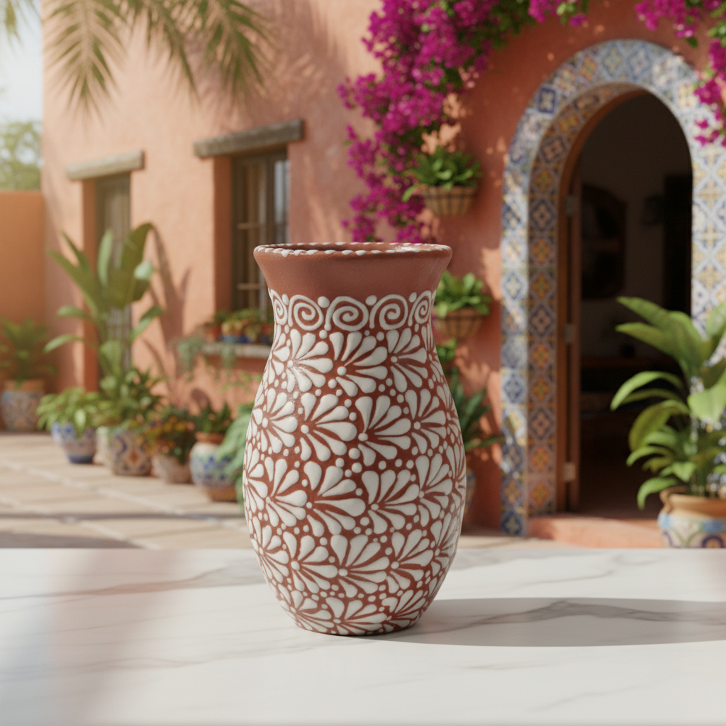 Handcrafted Talavera Vase | Brown &amp; White Relief Pottery