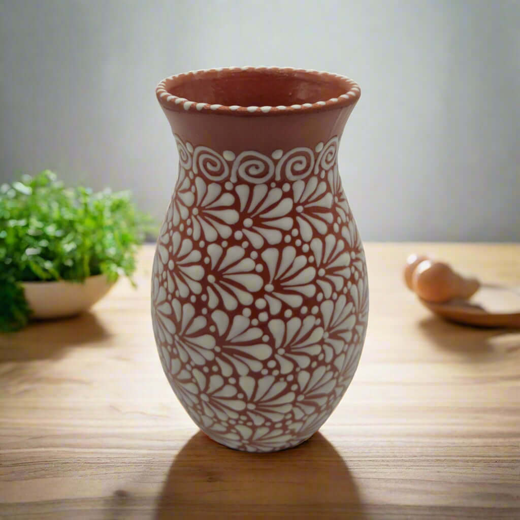 Handcrafted Talavera Vase | Brown &amp; White Relief Pottery