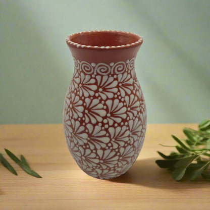 Handcrafted Talavera Vase | Brown &amp; White Relief Pottery