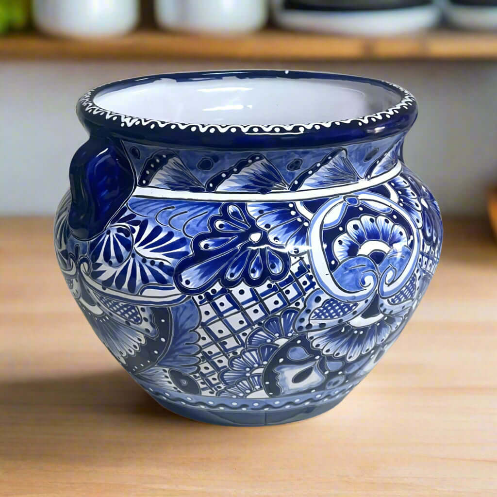 Handcrafted Talavera Planter | Blue &amp; White Flower Pot