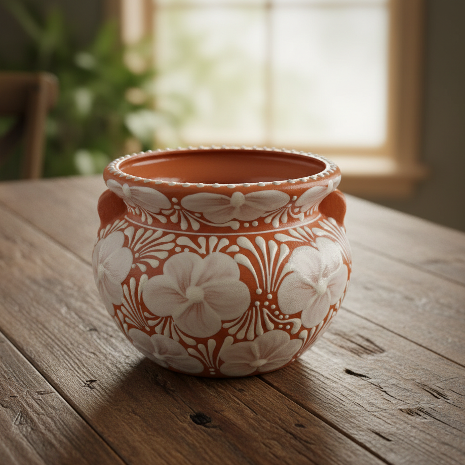 Handmade Talavera Flower Pot | Terracotta &amp; White Design