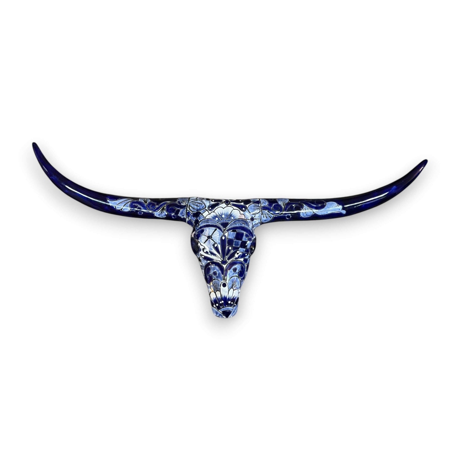 Talavera Longhorn Skull | Blue &amp; White Mexican Wall Art