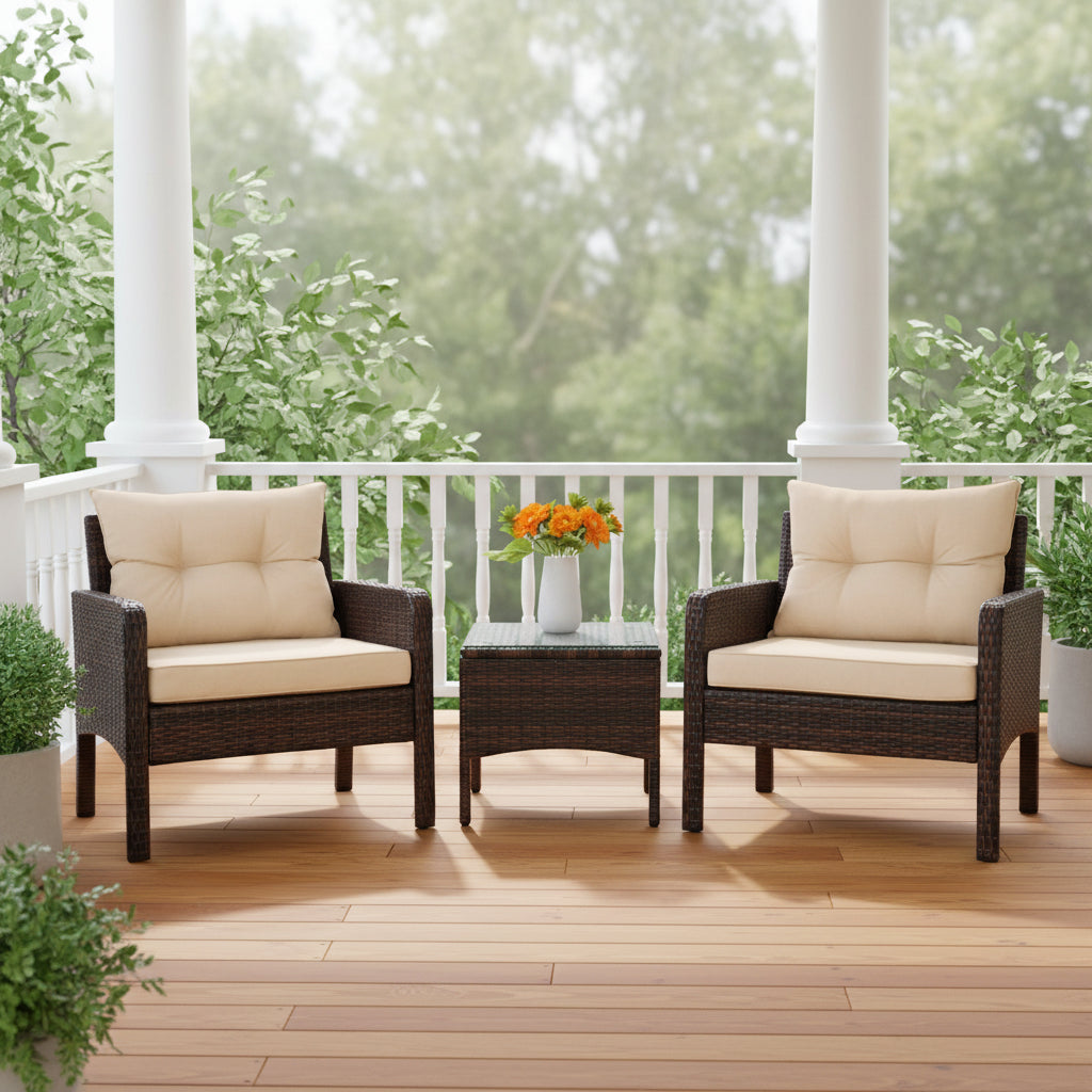 3 Pieces Outdoor Patio Rattan Conversation Set with Beige Cushions