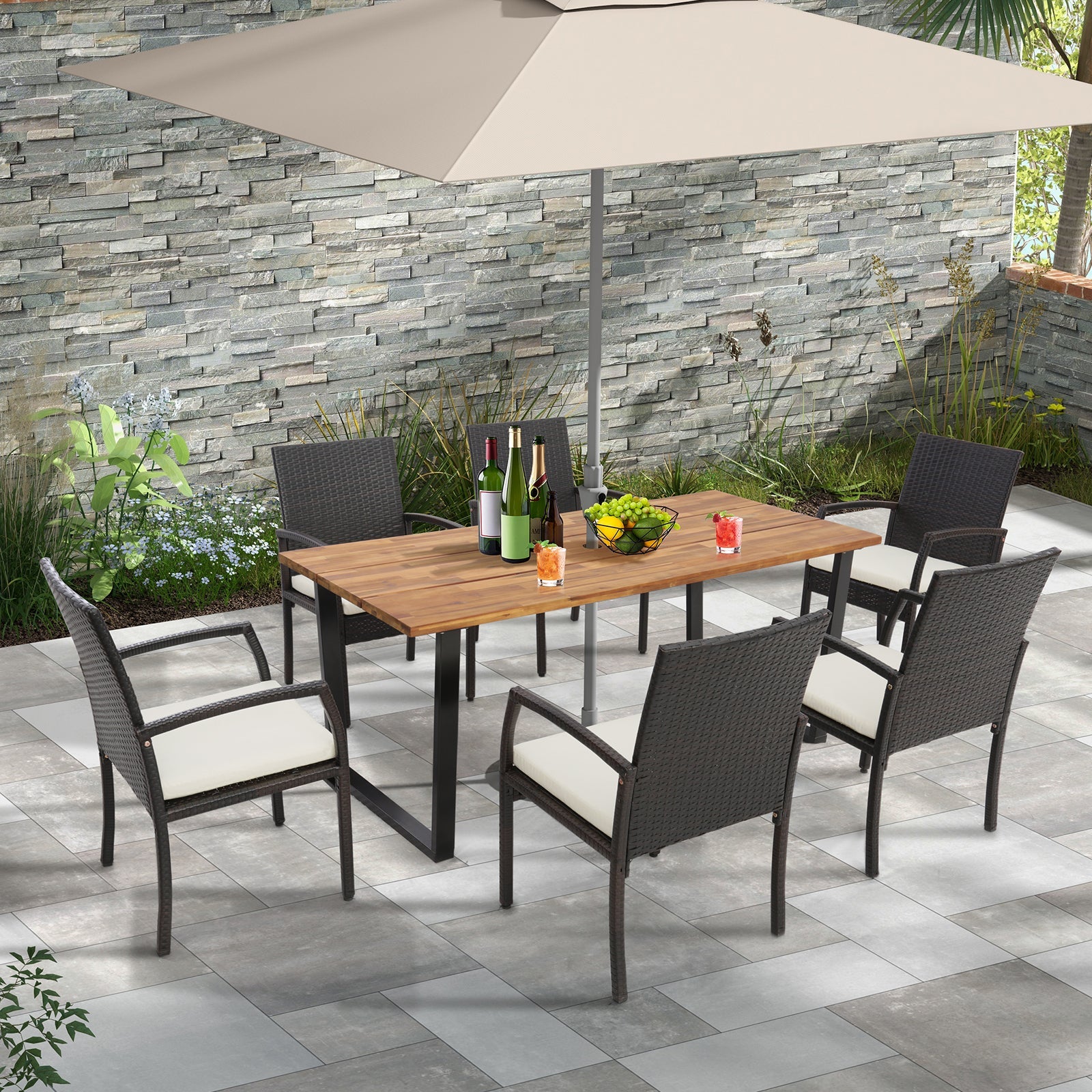 69" Acacia Wood Outdoor Dining Table with 2 Inch Umbrella Hole