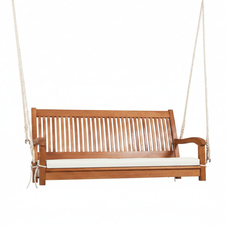 2-Person Hanging Porch Swing Wood Bench with Cushion Curved Back