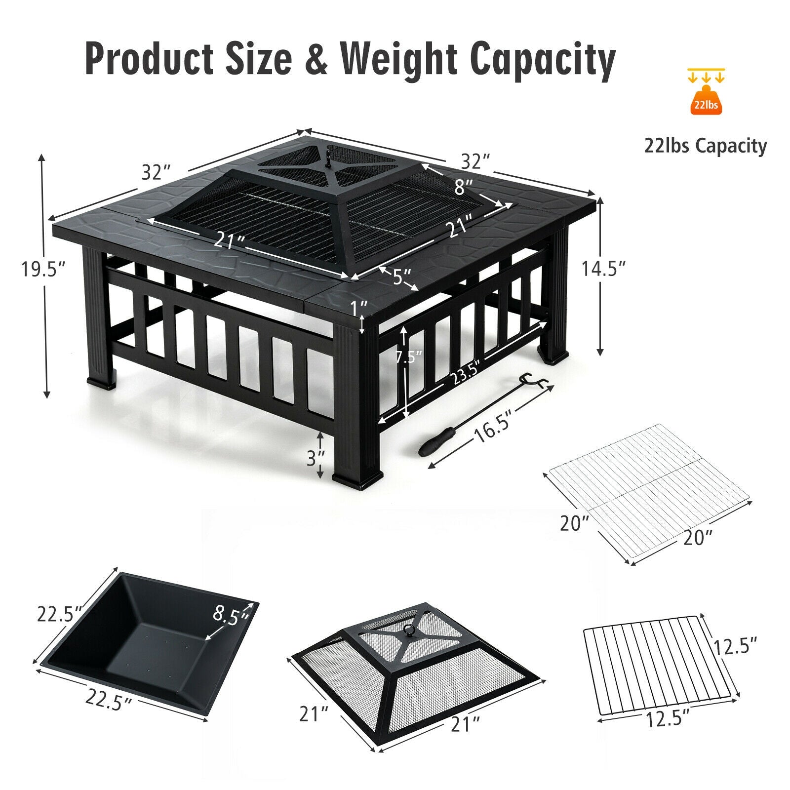 32 Inch Outdoor Square Fire Pit Table with BBQ Grill and Rain Cover