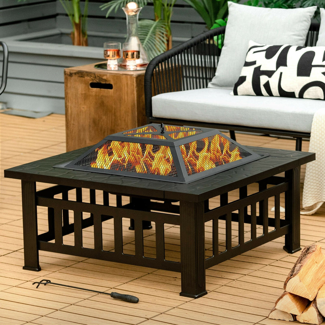 32 Inch Outdoor Square Fire Pit Table with BBQ Grill and Rain Cover
