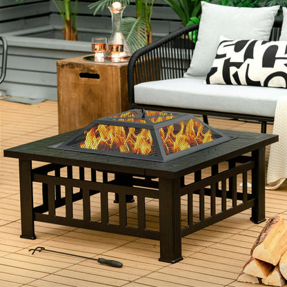 32 Inch Outdoor Square Fire Pit Table with BBQ Grill and Rain Cover