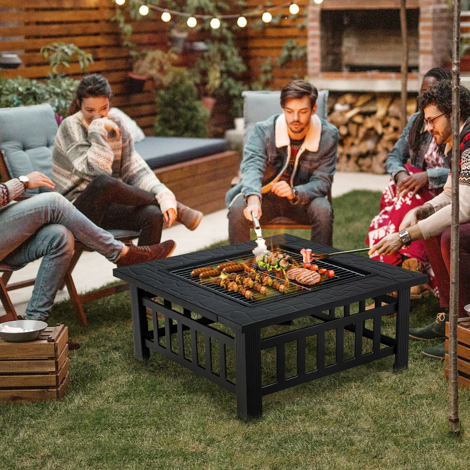32 Inch Outdoor Square Fire Pit Table with BBQ Grill and Rain Cover