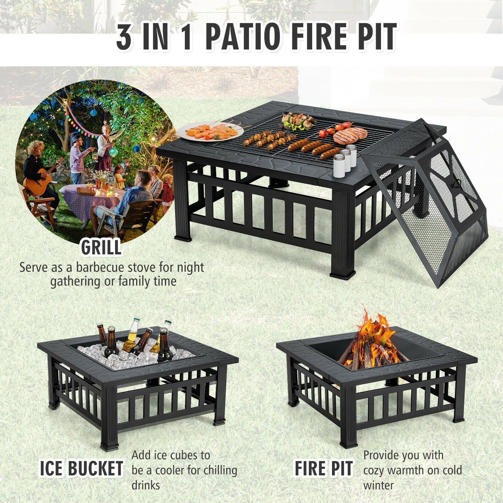 32 Inch Outdoor Square Fire Pit Table with BBQ Grill and Rain Cover
