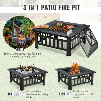 32 Inch Outdoor Square Fire Pit Table with BBQ Grill and Rain Cover