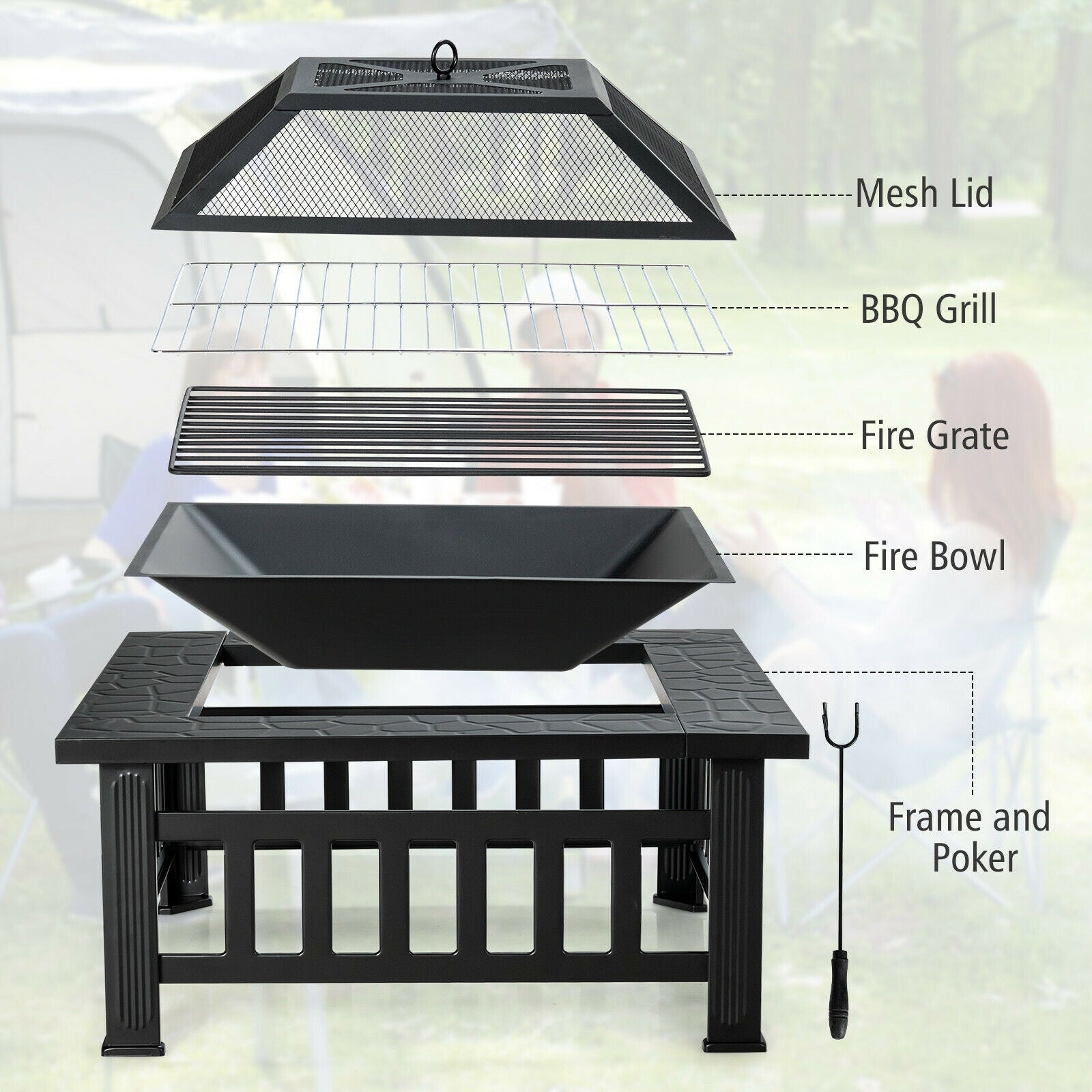 32 Inch Outdoor Square Fire Pit Table with BBQ Grill and Rain Cover