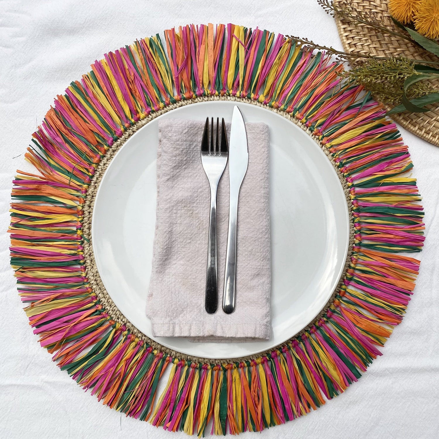 Pahiyas Woven Raffia Fringe Placemats Multi Rainbow, Set of 2