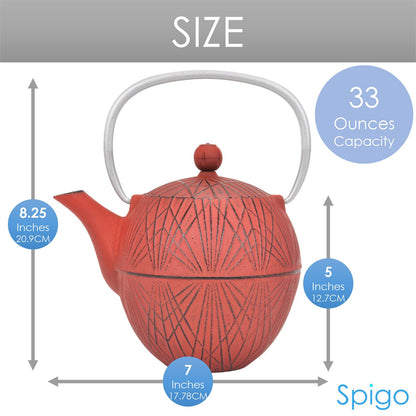 Spigo Hakone Cast Iron Enamel Teapot With Stainless Infuser - Red, 33 Ounce