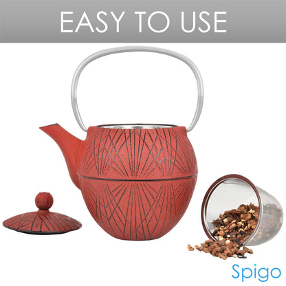 Spigo Hakone Cast Iron Enamel Teapot With Stainless Infuser - Red, 33 Ounce