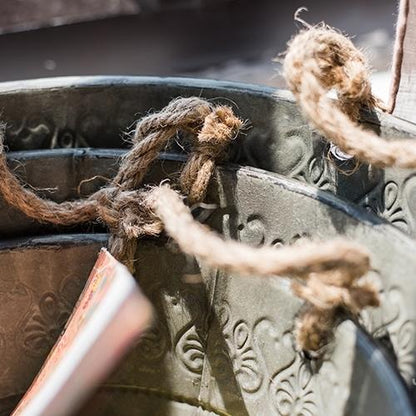 Antique Flower Pattern Tub with Rope Handles (Set of 3)