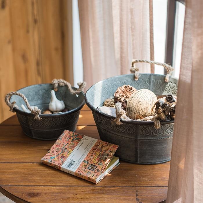 Antique Flower Pattern Tub with Rope Handles (Set of 3)