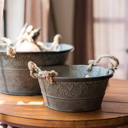 Antique Flower Pattern Tub with Rope Handles (Set of 3)