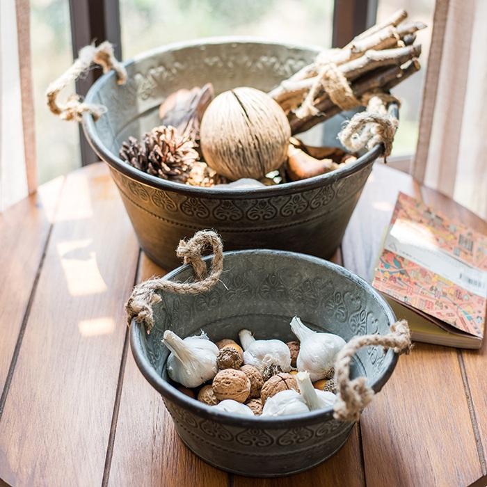 Antique Flower Pattern Tub with Rope Handles (Set of 3)