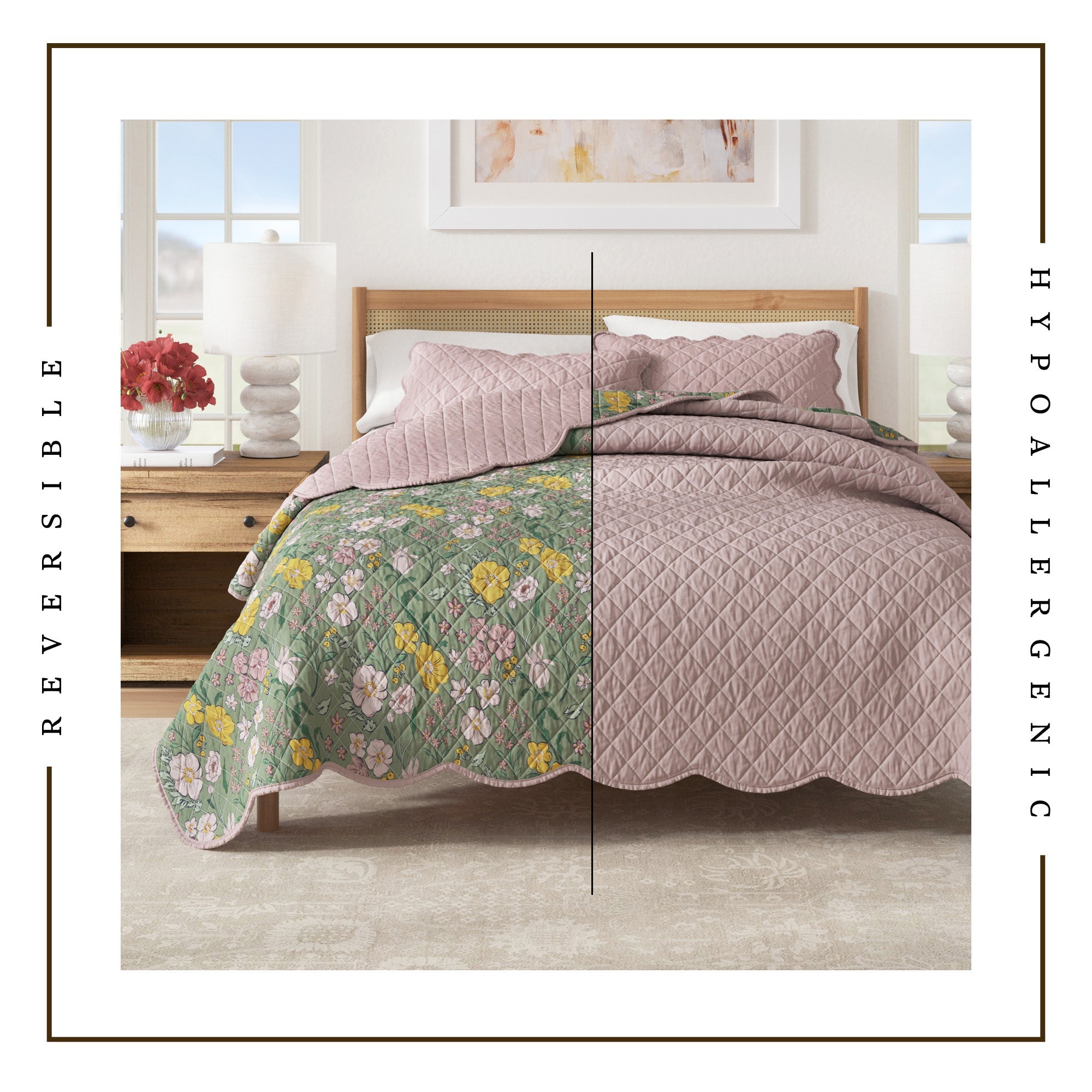 Floral Print &amp; Scalloped Cotton Quilt Set - Gwen Collection