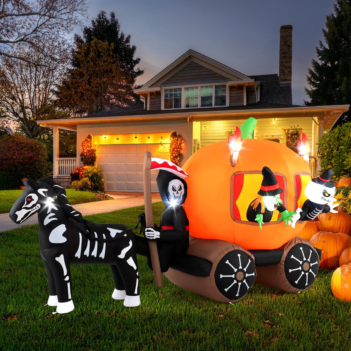 10.2 Ft Long Inflatable Halloween Carriage with Pumpkin and 2 Ghosts