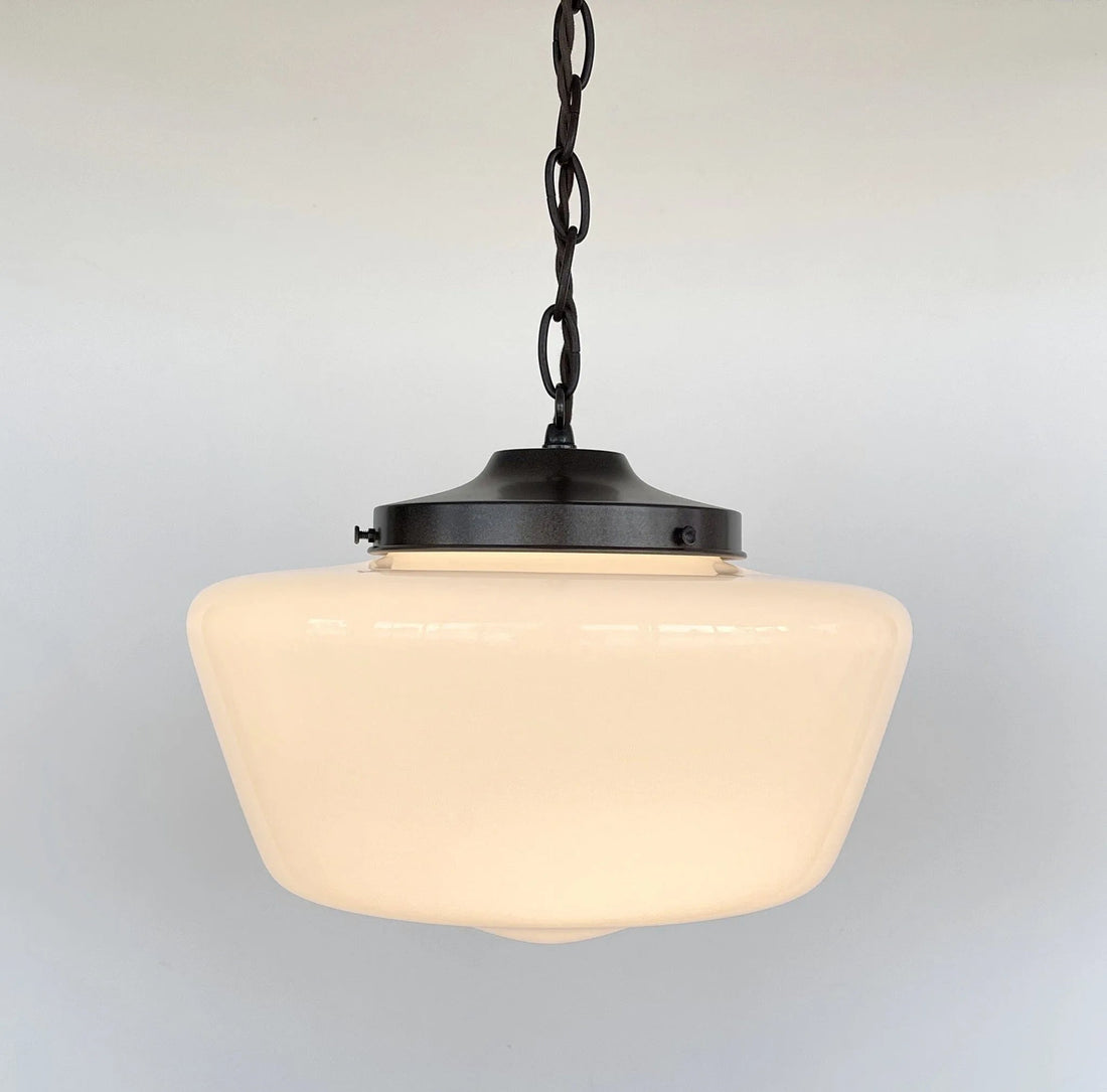 Large Antique Milk Glass Schoolhouse Pendant Light - 12"