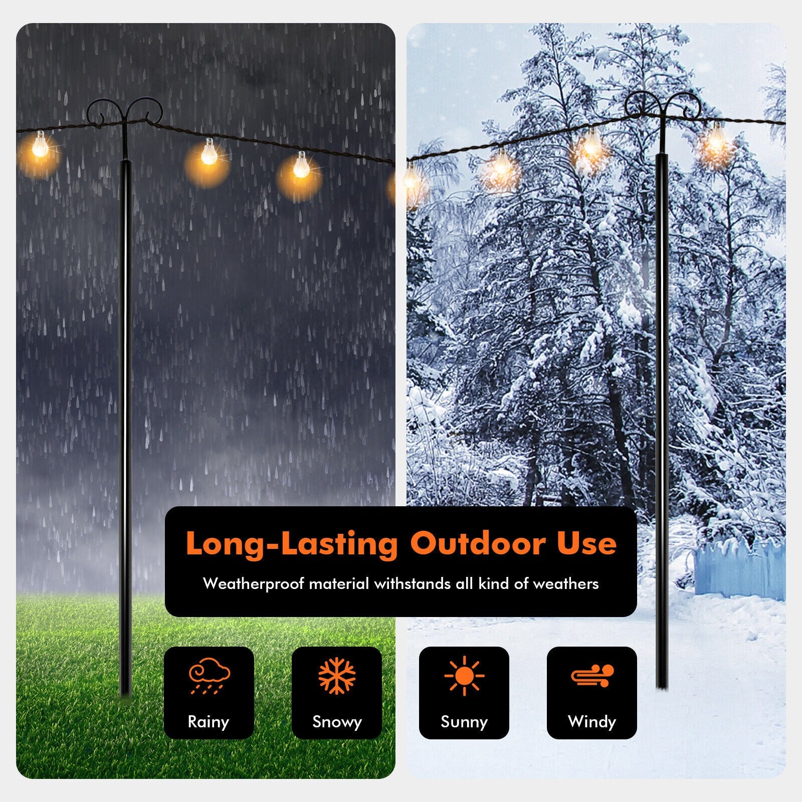 Outdoor String Light Metal Poles with Top Arc Hook and 5-Prong Base - Set of 2