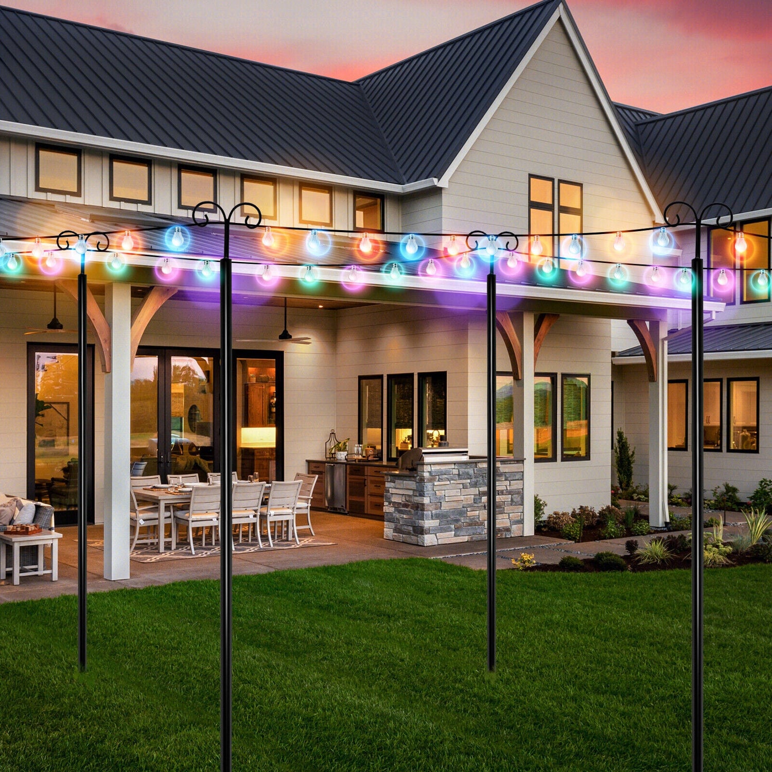 Outdoor String Light Metal Poles with Top Arc Hook and 5-Prong Base - Set of 2