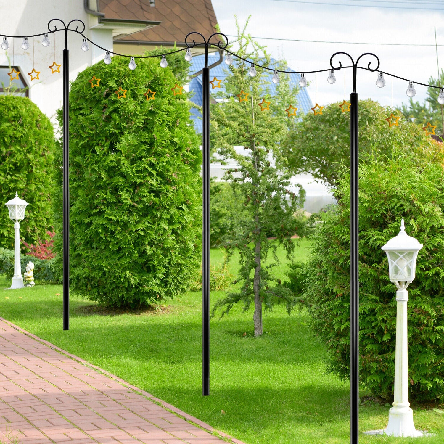 Outdoor String Light Metal Poles with Top Arc Hook and 5-Prong Base - Set of 2