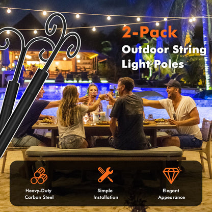 Outdoor String Light Metal Poles with Top Arc Hook and 5-Prong Base - Set of 2