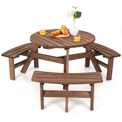 6 Person Wooden Round Picnic Table Set with Benches and Umbrella Hole