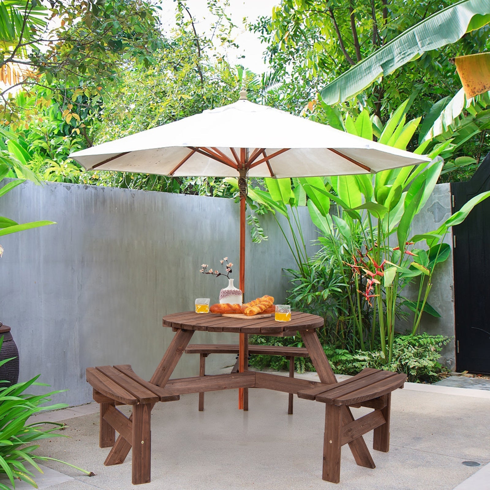 6 Person Wooden Round Picnic Table Set with Benches and Umbrella Hole