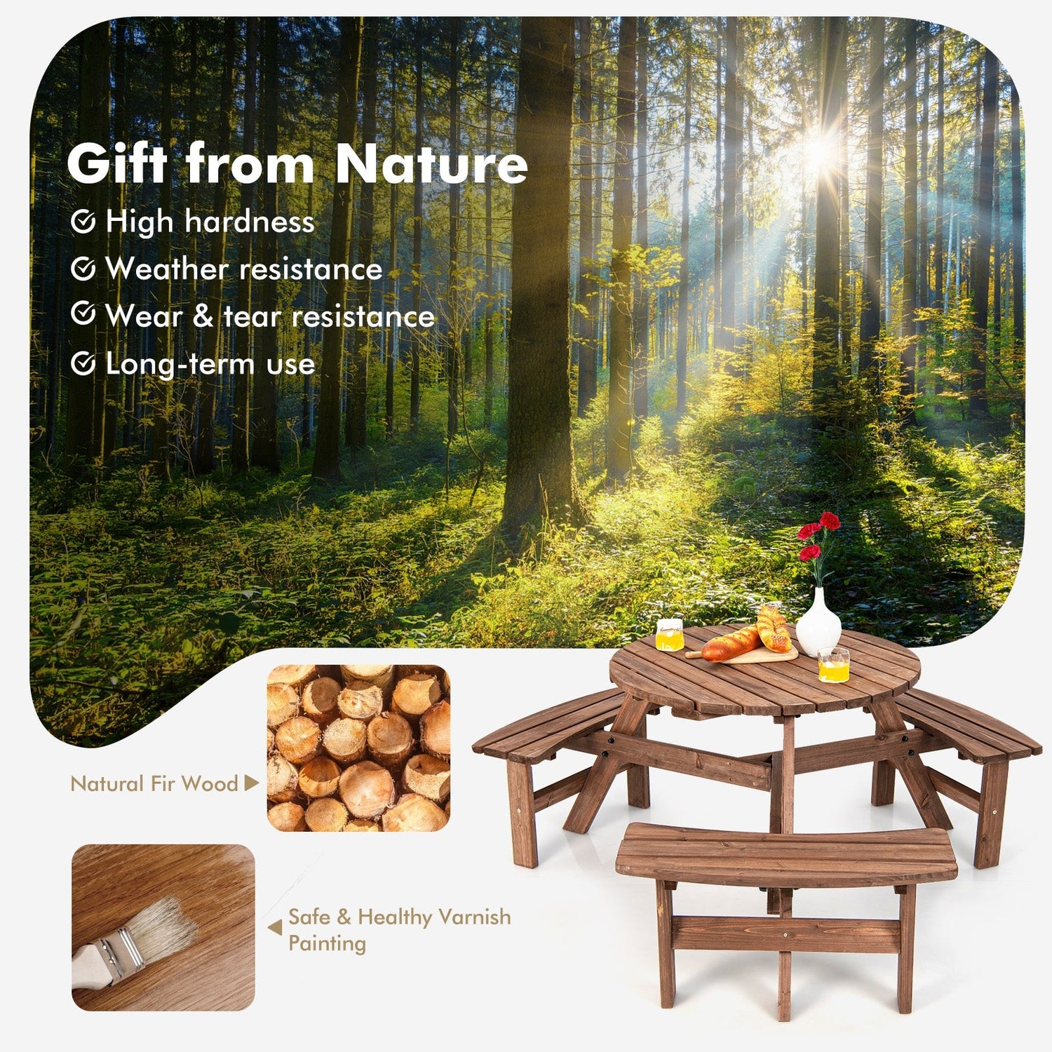 6 Person Wooden Round Picnic Table Set with Benches and Umbrella Hole