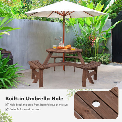 6 Person Wooden Round Picnic Table Set with Benches and Umbrella Hole