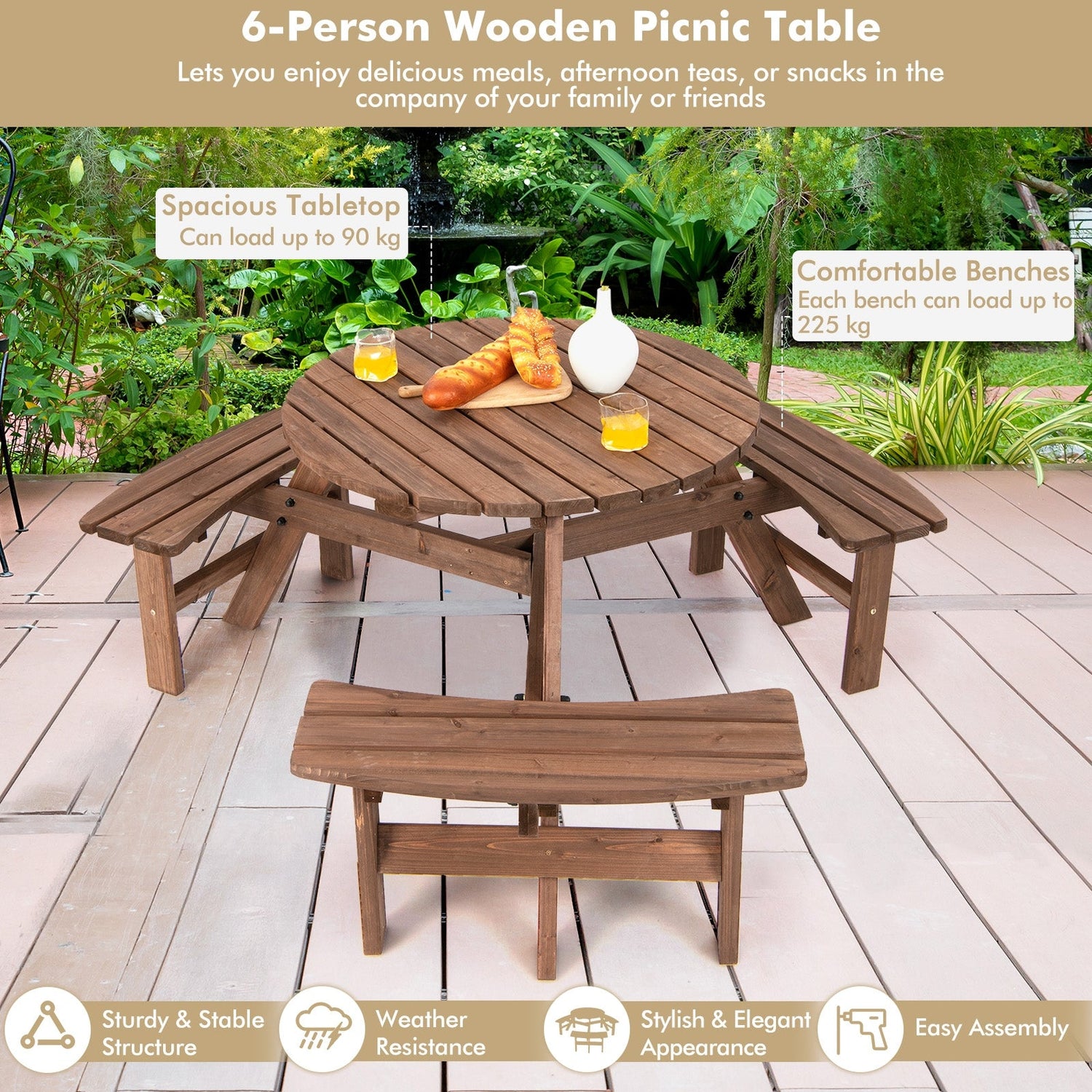 6 Person Wooden Round Picnic Table Set with Benches and Umbrella Hole