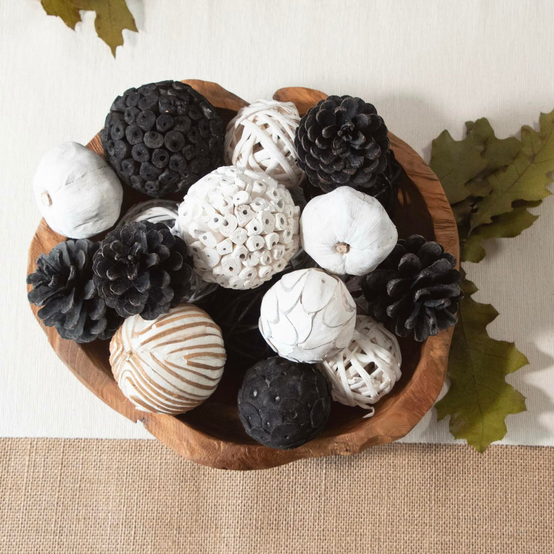 Vase &amp; Bowl Mini Pumpkins/Pinecone/Balls - Black &amp; White