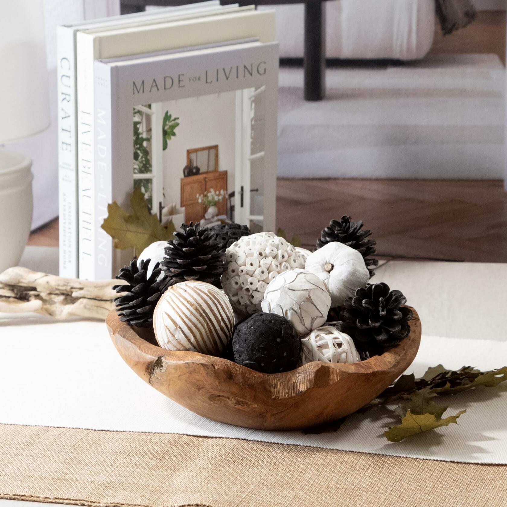 Vase &amp; Bowl Mini Pumpkins/Pinecone/Balls - Black &amp; White
