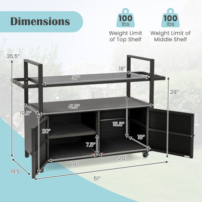 Outdoor Wicker Buffet Serving Cart with Cabinet and 8 Hooks - Black, Gray, or Brown