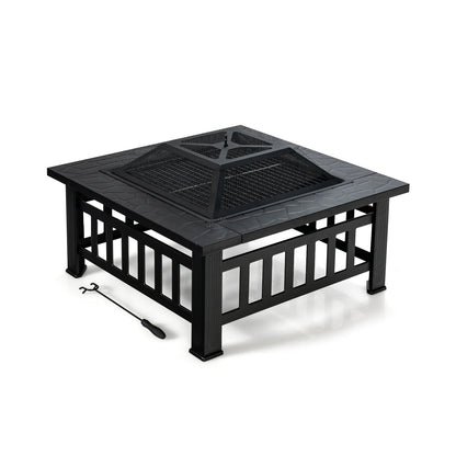 32 Inch Outdoor Square Fire Pit Table with BBQ Grill and Rain Cover
