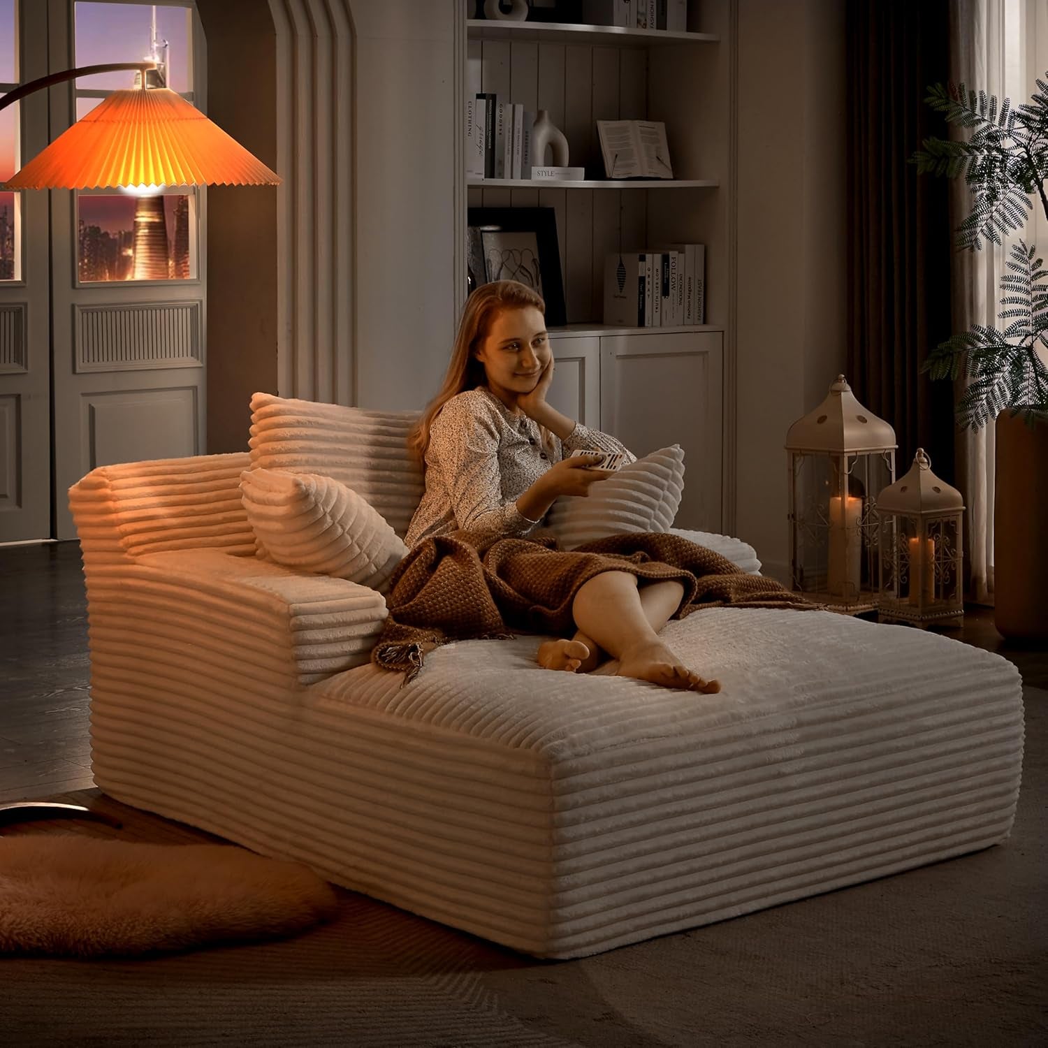 50-Inch Oversized Corduroy Chaise Lounge Chair in Cream