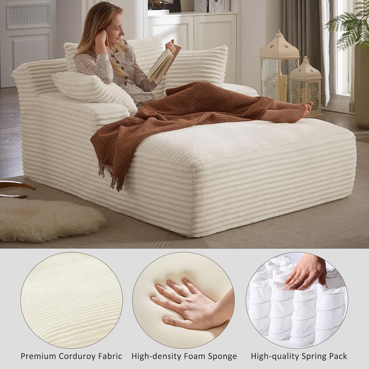 50-Inch Oversized Corduroy Chaise Lounge Chair in Cream