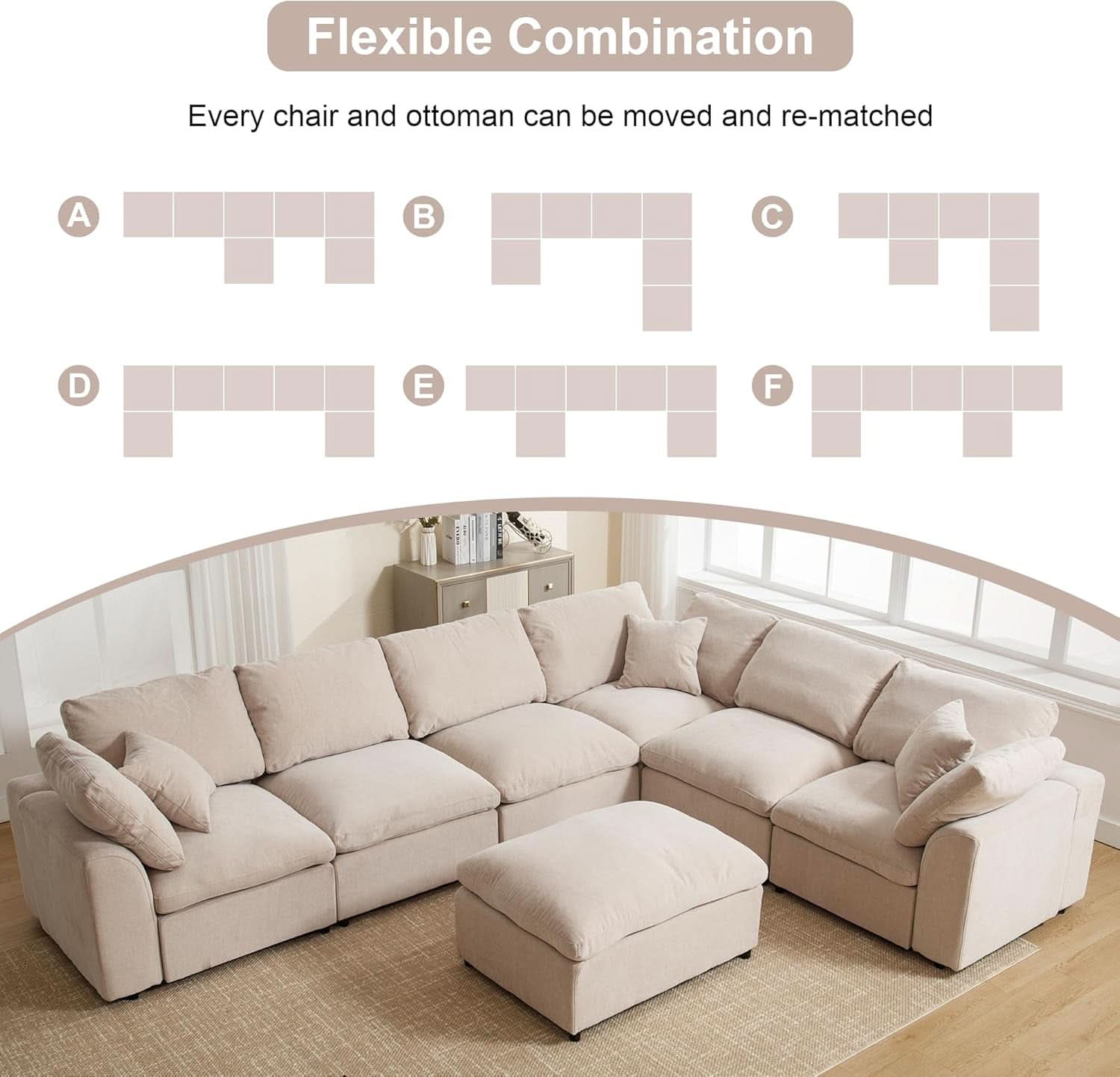 Oversized U Shaped Modular Sectional Sofa with Ottoman - Beige