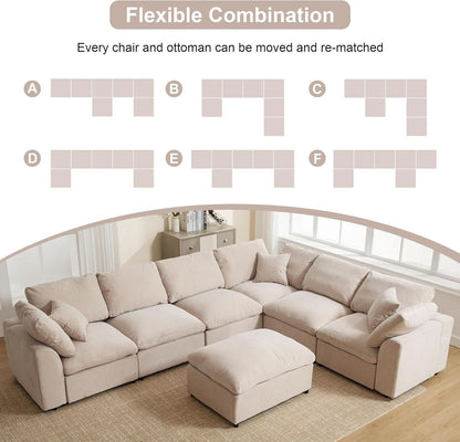Oversized U Shaped Modular Sectional Sofa with Ottoman - Beige