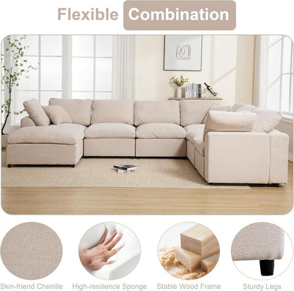 Oversized U Shaped Modular Sectional Sofa with Ottoman - Beige