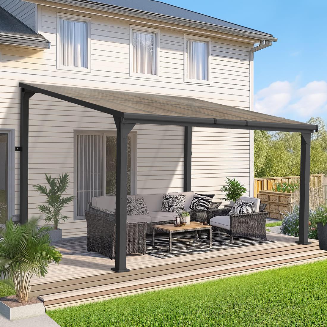 Hardtop Lean-to Pergola with Polycarbonate Roof for Patio or Deck