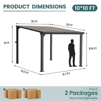 Hardtop Lean-to Pergola with Polycarbonate Roof for Patio or Deck