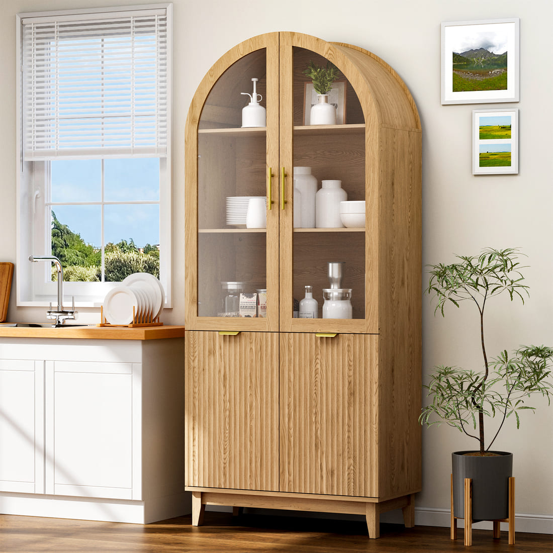 Modern Farmhouse Arched Cabinet with Glass Doors &amp; Adjustable Shelves