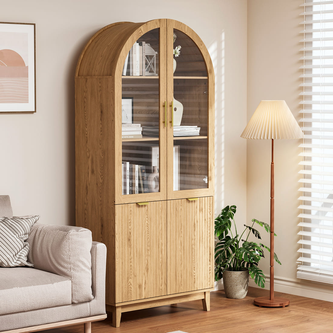 Modern Farmhouse Arched Cabinet with Glass Doors &amp; Adjustable Shelves