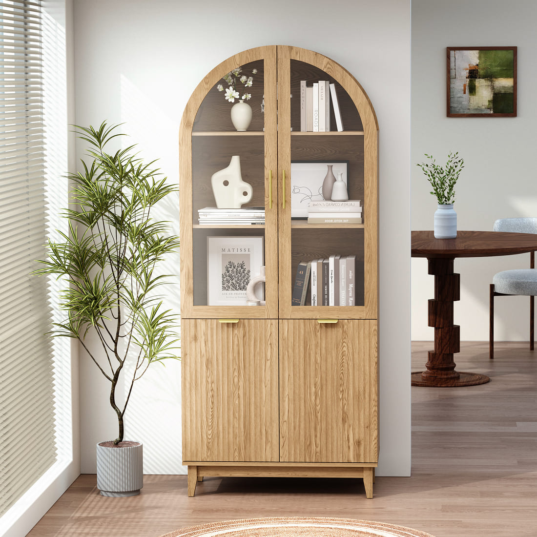 Modern Farmhouse Arched Cabinet with Glass Doors &amp; Adjustable Shelves
