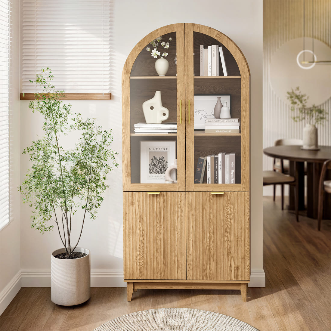 Modern Farmhouse Arched Cabinet with Glass Doors &amp; Adjustable Shelves